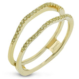 This two-tone gold wedding set features a white gold engagement ring that nestles perfectly into the yellow gold guard that is set with .20 ctw of yellow diamonds.