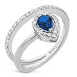 This spiraling 18k white gold ring features a .54 ct pear shaped blue sapphire accented by .33 ctw of white diamonds.