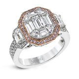 Make a statement!  This iconic Simon G. design features 18K white and rose gold and a total of over 3 cttw white diamonds and .28cttw natural pink diamonds.
