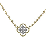 This charming necklace features a delicate design of two-tone gold set with .04 ctw of white diamonds.