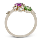 The distinctive, organic design of this 18k rose gold ring is set with a .51 ct lavender pink spinel stone and a .42 ct green tsavorite garnet.
