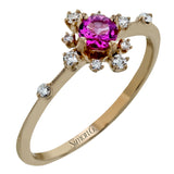 This charming 18k rose gold ring is perfect for stacking and contains a .28 ct center pink spinel stone and .13 ctw accent diamonds.