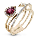 This dynamic 18k rose gold ring features a .45 ct ruby gemstone and .32 ctw of pear and round shape white diamonds.