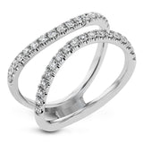 This distinctive bridal set design features a double-layer wedding band that fits around the engagement ring. The set contains .77 ctw of white diamonds.