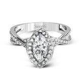 This sparkling modern engagement ring features an eye-catching twisted design with elegant classic halo accented by .29 ctw of shimmering round cut white diamonds.