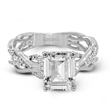 This impressive contemporary white engagement ring features a unique twisting design on the shank, which is complemented by .17 ctw of round cut white diamonds.