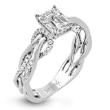 This impressive contemporary white engagement ring features a unique twisting design on the shank, which is complemented by .17 ctw of round cut white diamonds.
