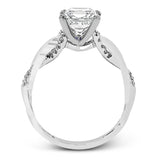 This impressive contemporary white engagement ring features a unique twisting design on the shank, which is complemented by .17 ctw of round cut white diamonds.
