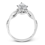 This impressive contemporary white engagement ring features a unique twisting design on the shank, which is complemented by .17 ctw of round cut white diamonds.