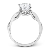This impressive contemporary white engagement ring features a unique twisting design on the shank, which is complemented by .17 ctw of round cut white diamonds.