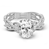 This impressive contemporary white engagement ring features a unique twisting design on the shank, which is complemented by .17 ctw of round cut white diamonds.