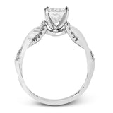 This impressive contemporary white engagement ring features a unique twisting design on the shank, which is complemented by .17 ctw of round cut white diamonds.