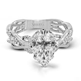 This impressive contemporary white engagement ring features a unique twisting design on the shank, which is complemented by .17 ctw of round cut white diamonds.