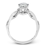 This impressive contemporary white engagement ring features a unique twisting design on the shank, which is complemented by .17 ctw of round cut white diamonds.
