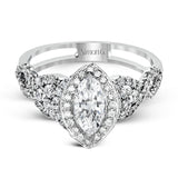 Reflecting an intricate modern design, this remarkable white gold ring is emphasized by a lovely halo complemented with .59 ctw round cut white diamonds.