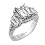This impressive white gold ring features .43 ctw emerald cut side diamonds and is accented with .38 ctw round cut diamonds.