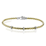 This easy-to-wear bracelet features three white gold stations set with .10ctw of diamonds set in a woven braid of 18k yellow gold.