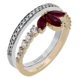 This distinctive two-tone 18k gold ring gives the look of two stacked rings in one, with three rubies in a central floral shape, flanked by .59 ctw of white diamonds.