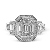Make a bold statement with this diamond ring from the mosaic collection. Set in 18k white and rose gold, this ring features over 3cttw of white diamonds and .18cttw pink diamonds.