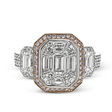 Make a bold statement with this diamond ring from the mosaic collection. Set in 18k white and rose gold, this ring features over 3cttw of white diamonds and .18cttw pink diamonds.