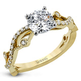 A modern, unique design, this 18k gold engagement ring featuring an intertwined design set with .22 ctw of white diamonds.
