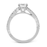A modern, unique design, this 18k gold engagement ring featuring an intertwined design set with .22 ctw of white diamonds.