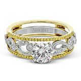 This remarkable set provides the looks of three rings, with a yellow gold ring guard set with yellow diamonds that encompasses the center white gold engagement ring.