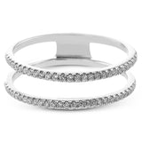 This remarkable set provides the looks of three rings, with a yellow gold ring guard set with yellow diamonds that encompasses the center white gold engagement ring.