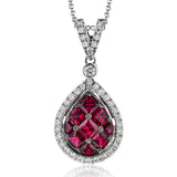 This 18K white gold pendant with pear shape design features princess cut rubies 0.90 ctw, surrounded by a halo of white diamonds .23 ctw