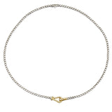 A yellow gold buckle stands out amidst white gold in this singular necklace that shines with .43 ctw of white diamonds.