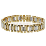 This multi-toned 18k gold men's bracelet is reminiscent of a watch strap and is the perfect addition to any ensemble.