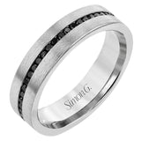 This tasteful, minimalist wedding band in brushed white gold features a subtle sparkle with .58 ctw of black diamonds.