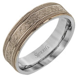 Brushed texture and a milgrain detail give this rose and white gold wedding band a classic, yet modern feel