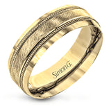 A textured white gold exterior conceals a rose gold interior accent in this elegant, modern wedding band