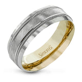 A textured white gold exterior conceals a rose gold interior accent in this elegant, modern wedding band