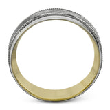 A textured white gold exterior conceals a rose gold interior accent in this elegant, modern wedding band
