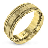 A textured rose gold exterior conceals a classic white gold interior in this elegant, modern wedding band