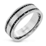 The clean, modern design of this wedding band features an impressive 1.20 ctw of black diamonds in two rows against a brushed grey gold background.