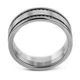 The clean, modern design of this wedding band features an impressive 1.20 ctw of black diamonds in two rows against a brushed grey gold background.