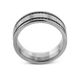 The clean, modern design of this wedding band features an impressive 1.20 ctw of black diamonds in two rows against a brushed grey gold background.