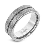 This distinctive yet understated wedding band features .60 ctw of black diamonds against a background of hammered gray gold.