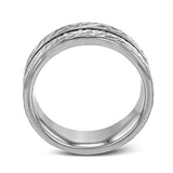 This distinctive yet understated wedding band features .60 ctw of black diamonds against a background of hammered gray gold.