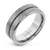 This distinctive yet understated wedding band features .60 ctw of black diamonds against a background of hammered gray gold.