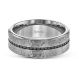 This distinctive yet understated wedding band features .60 ctw of black diamonds against a background of hammered gray gold.