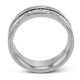 This distinctive yet understated wedding band features .60 ctw of black diamonds against a background of hammered gray gold.
