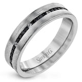 This splendid, modern wedding band in brushed white gold features .53 ctw of black diamonds highlighted by .10 ctw of white diamond accents.