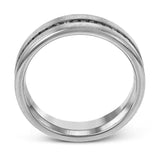 This splendid, modern wedding band in brushed white gold features .53 ctw of black diamonds highlighted by .10 ctw of white diamond accents.