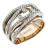 This magnificent ring glitters with .55 ctw of round white diamonds accentuating its complementary bands of white and rose gold.