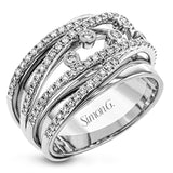 This magnificent ring glitters with .55 ctw of round white diamonds accentuating its complementary bands of white and rose gold.