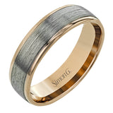 This 14k two-toned gold men's band is a fresh twist on a timeless look, with brushed gray gold in the center and high polish rose gold edges.